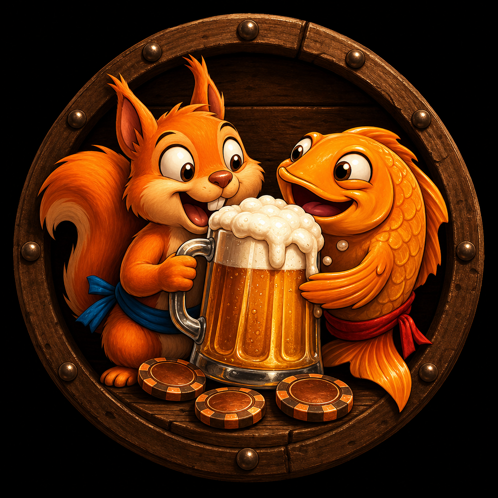 Эмблема Beer Casino с рыбкой, белкой и кружкой пива